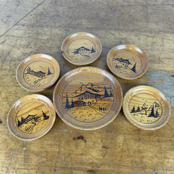Vtg P Maeder Lucerne Switzerland Wooden Coasters Swiss Cottages MCM Midcentury - Picture 1 of 10